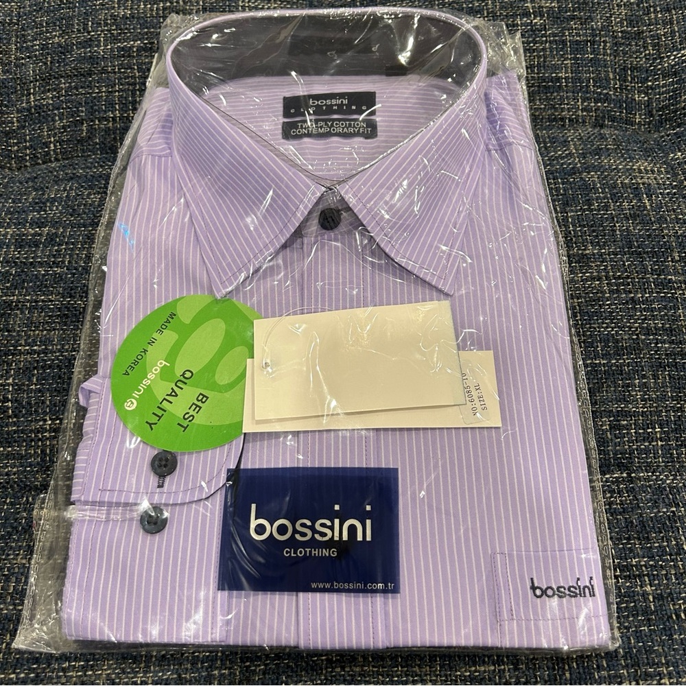Bossini two-ply cotton contemporary fit dress shirt light purple white stripe